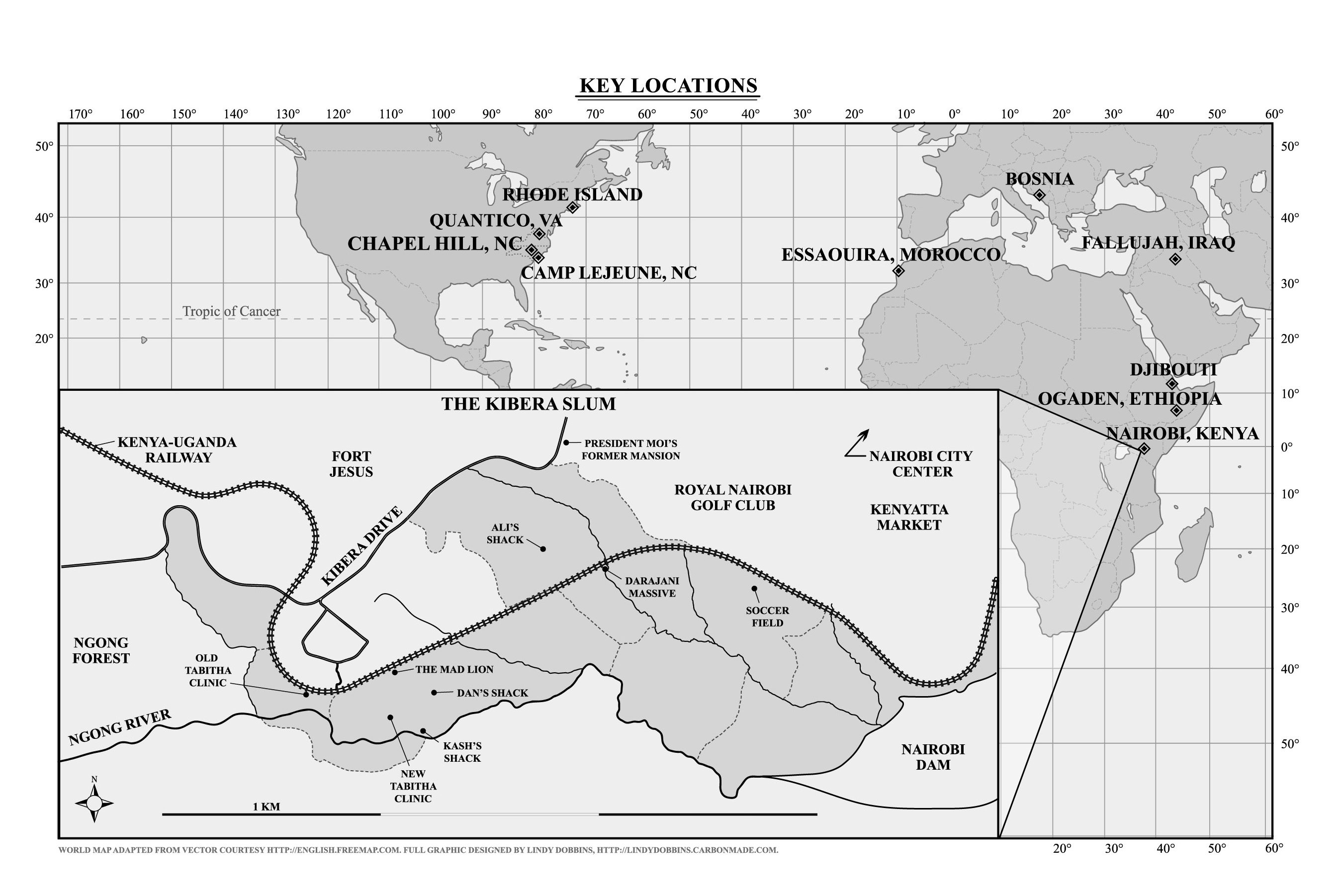Vector illustration of a world map with a focus on Kibera, Africa, and map markers of key locations in the memoir of Rye Barcott